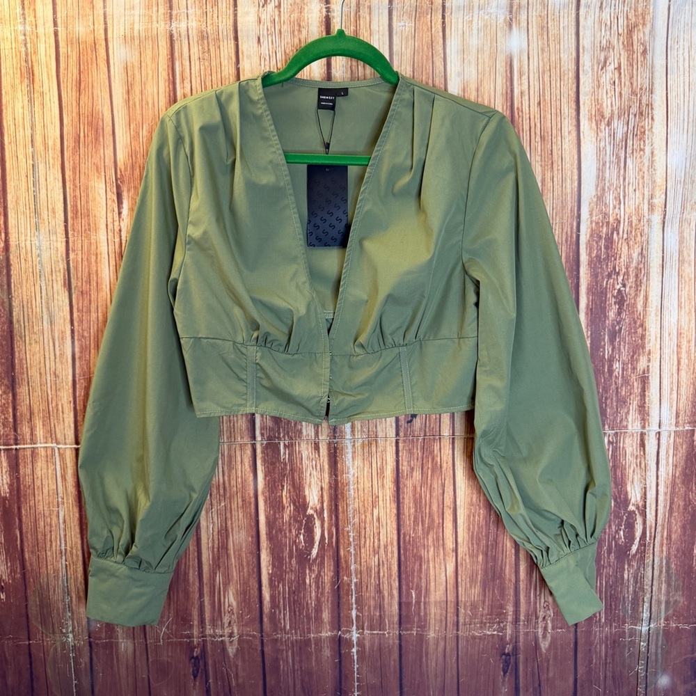 SHEIN SXY Women’s Olive Green Cropped Top V Neck Long Sleeve Fitted Blouse Large - Picture 4 of 10